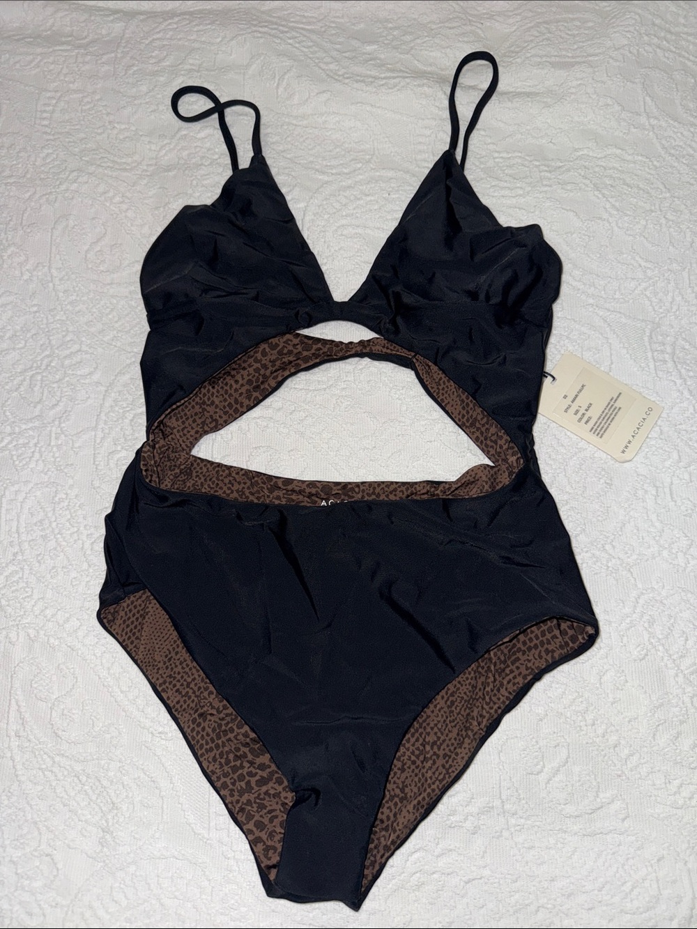 acacia swimwear Black One-Piece Swimsuit with Brown Leopard Trim